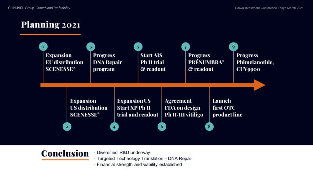 CLINUVEL’s strategy has evolved based on the proven SAFETY of its technology. The approach to deploy our first molecule, afamelanotide has led to market access in four continents, and longevity to value generation for patients and shareholders. The Strategic Update of October 2020 explained that our melanocortin technology lends itself uniquely to a dual strategy to serve prescription and non-prescription markets. This can be reviewed on the CLINUVEL website (at www.clinuvel.com). A key, but unexpected, part of the pharmaceutical legacy is that the very assurance the Company demonstrated to regulators on the safety of afamelanotide has now become one of CLINUVEL’s unique propositions and the prime asset enabling us to develop derivative products for wider retail markets. Our technology originates from a highly regulated environment and can be translated to non-prescription products (pharmaceumables) with an emphasis on SAFETY and genuine care for human biology. This is a unique position which very few companies would be able to emulate and given the assessed demand for authentic dermatocosmetics, we are well positioned in this underdeveloped market segment. Following an eventful 2020 with new milestones achieved and progressive news flow from the Company on its growth and expansion, nine key objectives listed for 2021 form the basis of ongoing news. In conclusion, CLINUVEL’s strategy is to become a diversified operation based on the dual progression of the core Pharmaceuticals Division and the new Healthcare Solutions Division. New to shareholders is our unfolding of the ischaemic stroke program and the DNA Repair Program with trials in XP and in healthy volunteers. We are diversifying our R&D and translating our technology from a position of financial strength and viability.