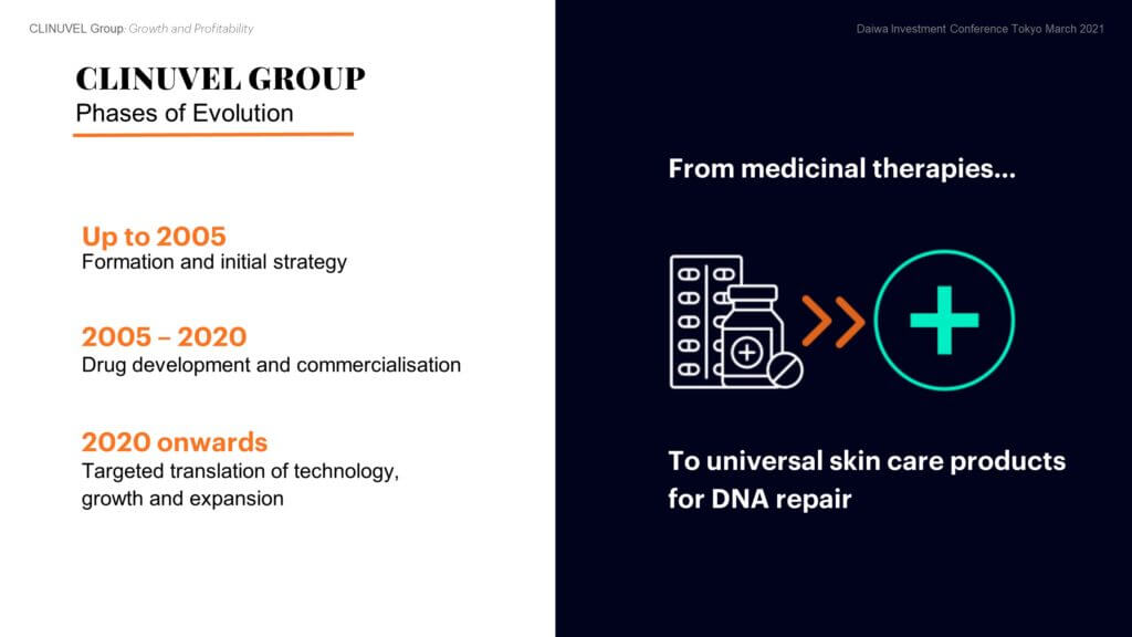 CLINUVEL has entered a third distinct stage in its evolution. The first phase was from formation and initial strategy to 2005: CLINUVEL’s core technology, afamelanotide, was invented at the University of Arizona in the late 1980s and acquired by CLINUVEL in 1999. Afamelanotide is a synthetic peptide which mimics the naturally occurring alpha-melanocyte stimulating hormone (α-MSH). The peptide stimulates the production of eumelanin which provides protection from UV and visible light. The period to 2005 sought to apply the technology to develop a tanning preparation, but this more cosmetic than medicinal strategy did not garner support from medical practitioners and regulators. Hence, the Company’s strategy was unsupported and needed to change.   The second phase was drug development and commercialisation: In 2005 a new management team, vision and strategy were put in place. From 2005 to 2020 we developed and commercialised a novel drug for an unmet medical need. SCENESSE® (afamelanotide 16mg) was developed as a controlled release subcutaneous injectable implant; erythropoietic protoporphyria (EPP) was selected as the lead indication; we completed clinical studies; obtained regulatory approvals; and commercialised SCENESSE® as the world’s first systemic photoprotective.   The European Medicines Agency (EMA) and US Food and Drug Administration (FDA) approved SCENESSE® for adult EPP patients in 2014 and 2019, respectively. Commercial distribution commenced in the European Union in June 2016 and the USA in April 2020. After more than four years of commercial operations, we have built a viable business generating positive cashflow and profit, with a strong balance sheet and cash reserves sufficient to finance planned organic growth.   The third, current and most exciting phase of CLINUVEL’s evolution is to expand access to SCENESSE® in EPP and to translate the technology to new targeted indications and healthcare solutions for broader audiences. CLINUVEL is well positioned to grow and diversify, despite the challenging operating environment.